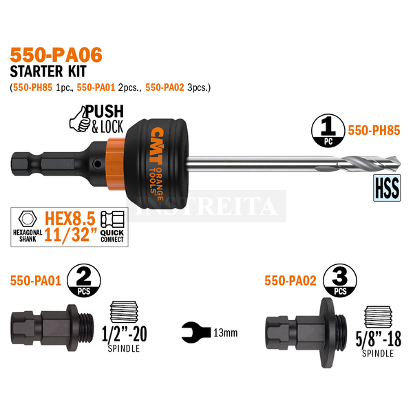 PUSH&LOCK greita jungtis su adapteriais (komplektas) cilindriniams grąžtams 550-PA06